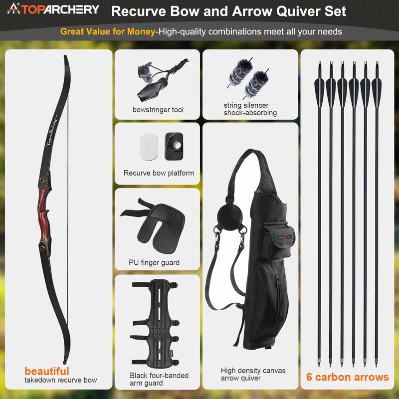 TOPARCHERY Archery 60" Takedown Hunting Recurve Bow and Arrow Set for Adults Practice Competition Longbow Kit 30-50lbs with 6pcs Arrows Right Hand Black