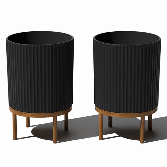 Veradek Demi Series Round Planter w/Stand for Porch/Patio | Durable Plastic-Stone Composite & Wooden Stand | Modern Décor for Tall Plants, Flowers