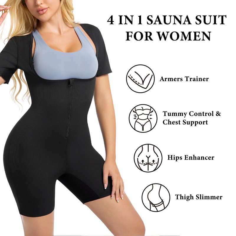 Meiosuns Sauna Suit for Women Ribbed Full Body Sweat Suits Weight Loss Jumpsuit Waist Trainer Shaper 4 in 1 Slimming Heat Trapping Sweat Shirt for Belly Fat Workout Gym Shapewear (Blue, L)