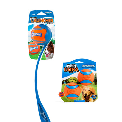 Chuckit! Ultra Ball & Launcher Bundle - Sport 18" with 2 Pack Medium (2.5") Bouncy Fetch Balls for Dogs 20-60 lbs, Dog Fetch Ball Thrower