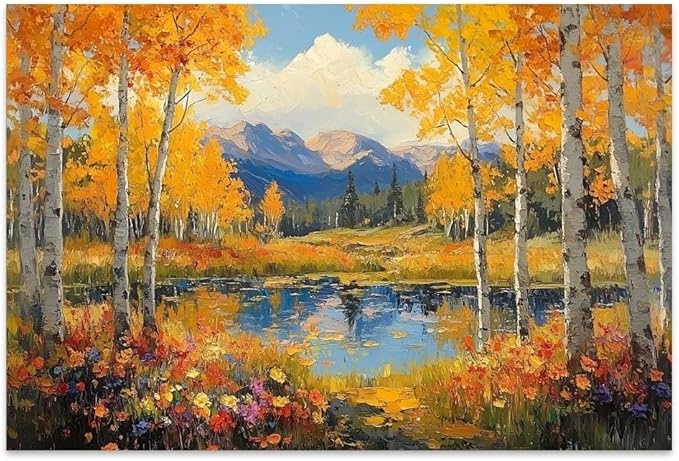 Yesad Fall Wall Art, Birch Canvas Wall Art Forest Painting Prints Nature Wall Art Wildflower Pictures Rustic Wall Décor for Living Room Bedroom Farmhouse (Unframed,12”x8”,Birch)
