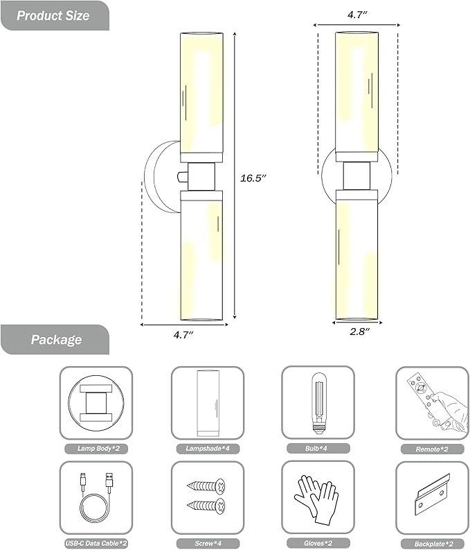 Rechargeable Battery Wall Sconce Set of Two, 8000mAh Cordless, Dimmable, Timer, Remote, Touch Control, 3000K, USB-C Charging for Living Room, Bedroom Black Gold (Include 4 Special Bulbs)