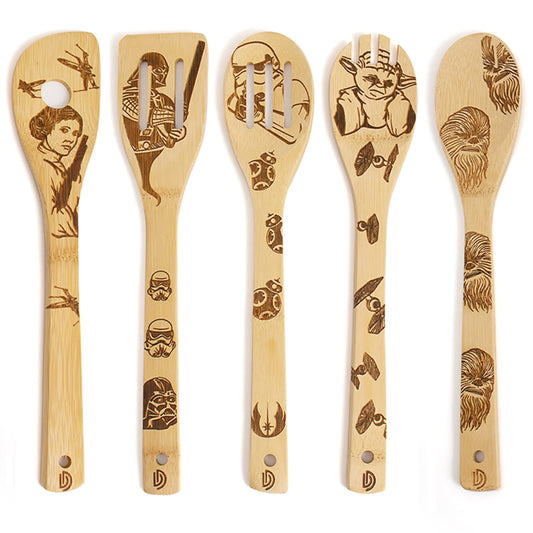 5 PCS Star War Burned Wooden Spoons Cooking Organic Spoons Turners Carved Spatulas Non-Stick for Cookware Kitchen Gadgets - Premium Quality Gifts for Housewarming and Wedding