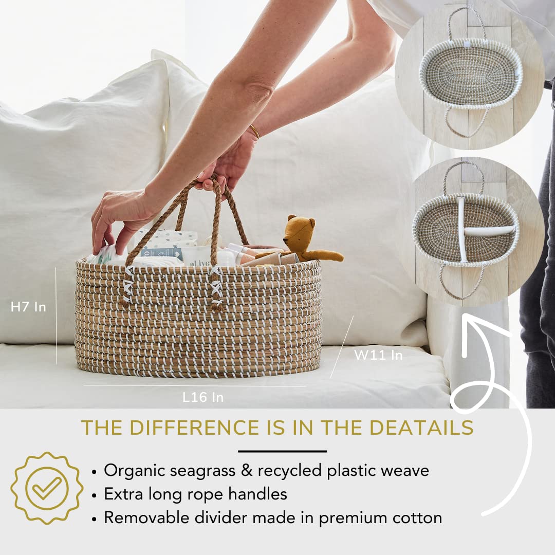 BEBE BASK Premium Baby Diaper Caddy Organizer - Handmade - Seagrass Basket With Cotton Divider - Award-Winning & Luxury Diaper Caddy Basket - White (NATURAL)