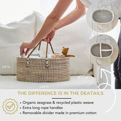 BEBE BASK Premium Baby Diaper Caddy Organizer - Handmade - Seagrass Basket With Cotton Divider - Award-Winning & Luxury Diaper Caddy Basket - White (NATURAL)