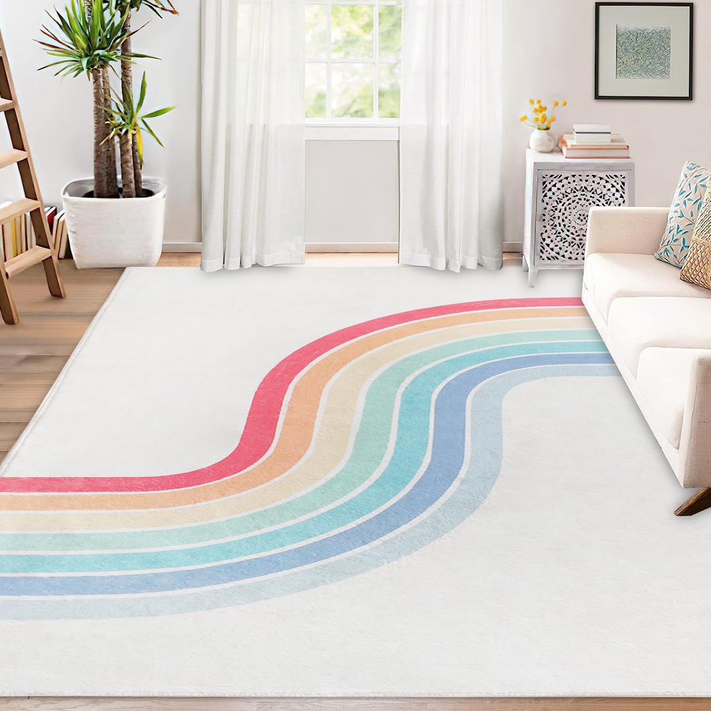 Poowe Rainbow Machine Washable Area Rugs-5'x7' for Living Room, Large Non-Slip Boho Kids Nursery Throw Rug Carpet for Bedroom Entryway Dining Room Office Rug Decor (Rainbow)