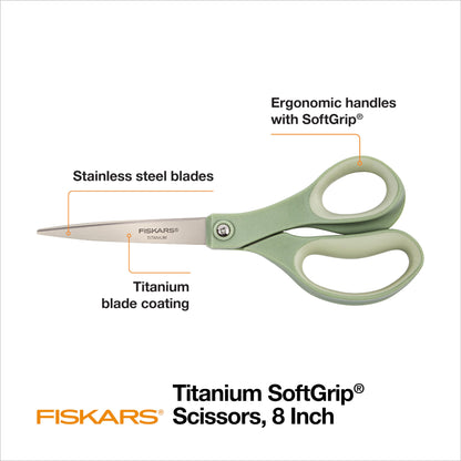 Fiskars SoftGrip Titanium Scissors - Contoured Performance All Purpose - 8" Titanium - Straight Paper Scissors for Office, and Arts and Crafts - 3-Count