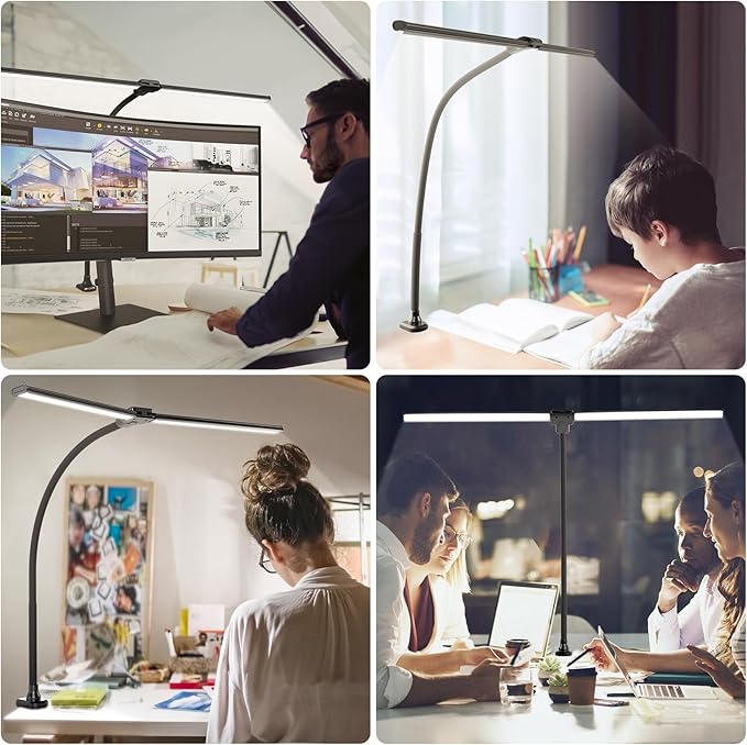 ShineTech LED Desk Lamp for Home Office, 4000K Neutral White Double Head Architect Task Lamps with Clamp, Dimmable Adjustable Flexible Gooseneck,Black