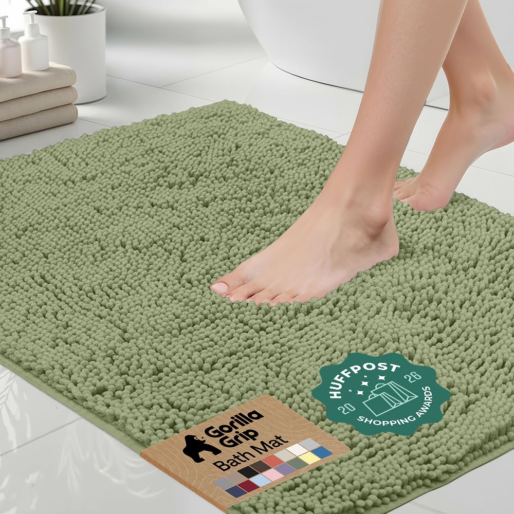 GORILLA GRIP Bath Rug Mat, Thick Soft Absorbent Chenille, Quick Dry Microfiber Mats, Rubber Backing Washable Shower Floor Rugs, US Designed Bathroom Bathmat Home Decor Accessories, 24x17 Sage Green