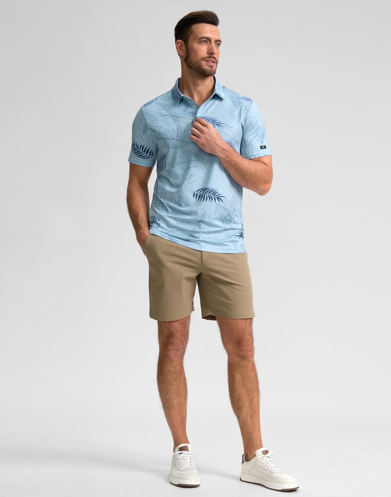 Obla Mens Golf Polo Shirts Short Sleeve Dry Fit Performance Moisture Wicking Casual Print Collared Golf Shirts for Men (Blue Palm Leaves) L