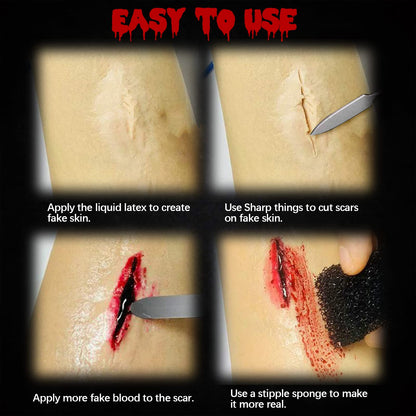 Halloween SFX Makeup Kit Fake Blood(100ML) + Liquid Latex(60ML) + Spatula Tool + 2Pcs Stipple Sponge For Scary Halloween Special Effects Cosplay Costumes Decorations