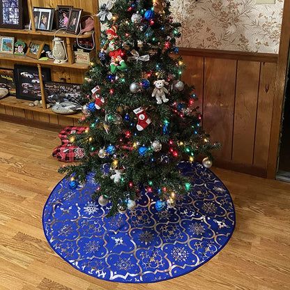 Christmas Tree Skirt, 48 inches Large Red Flannel Tree Mat with Gilded Christmas Patterns Skirt for Xmas Tree Holiday Party Decorations Indoor Outdoor with 1 Christmas Stocking (Blue)