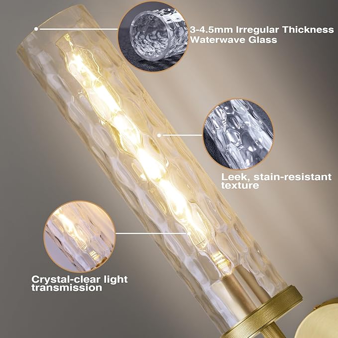 Gold Sconces Wall Lighting 19.48" with Rippled Glass Shade, Solid Knurled Brass Wall Sconces, Vintage Industrial Sconce Lamps for Bedroom Bathroom Entryway & Staircase Mirror Decor(Including Bulb)