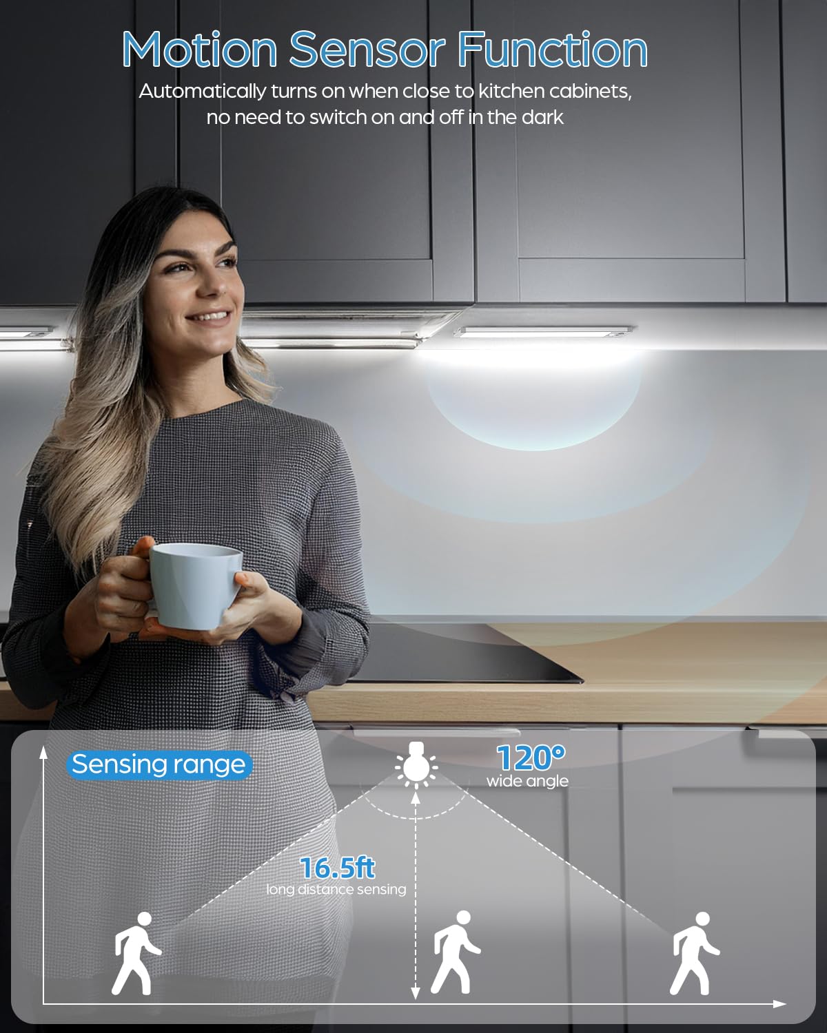 HIBOITEC Cabinet Lighting LED with Motion Sensor, Dimmable Under-Unit Light Kitchen 50 LED Cabinet Light, Cabinet Lighting Wireless USB Cabinet Light Battery for Wardrobe, White Light, 25.5 cm