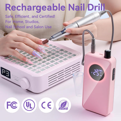 Makartt Nail Drill Professional: 60W 35000RPM Electric Nail File with Coreless Motor, 2 in 1 Desktop & Portable, Drill Bits and LCD Display for Acrylic Gel Nails, Nouvella Pink