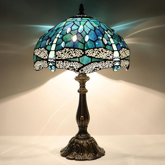 Tiffany Lamp Stained Glass Table Lamp Bedside Reading Light W12H19 Inches (Sea Blue Dragonfly Style)