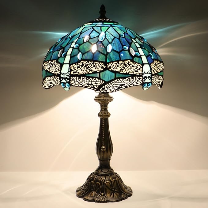 Tiffany Lamp Stained Glass Table Lamp Bedside Reading Light W12H19 Inches (Sea Blue Dragonfly Style)