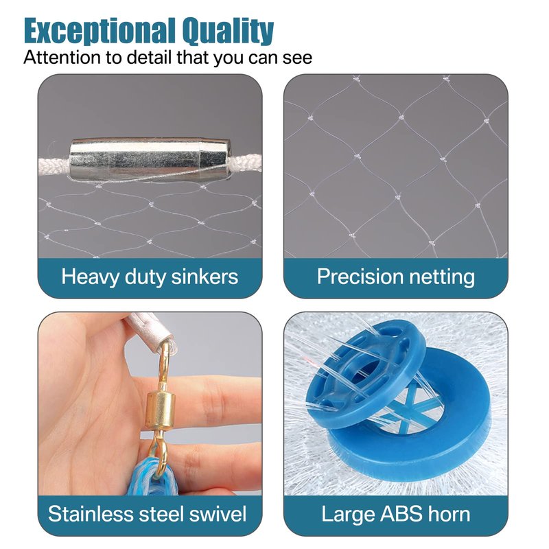 Yeahmart American Saltwater Fishing Cast Net for Bait Trap Fish 8ft Radius Casting Nets with Heavy Duty Real Zinc Sinker Weights, 3/8inch Mesh Size