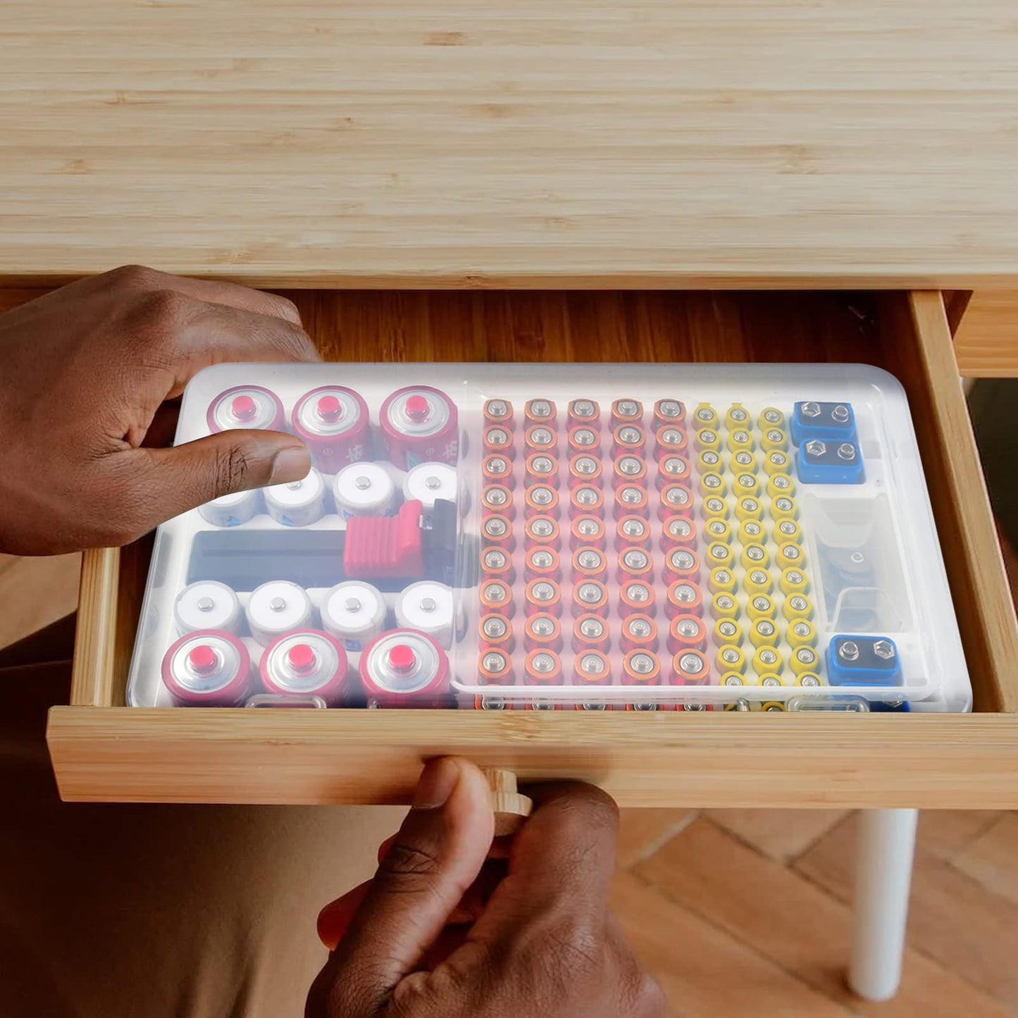 Battery Organizer Storage Case with Tester Checker. Batteries Holder Box Container for 120+ AA AAA 9V C D Lithium CR2025 CR1632 CR2032 Coin Cell Battery with Wall-Mounted Design -Transparency