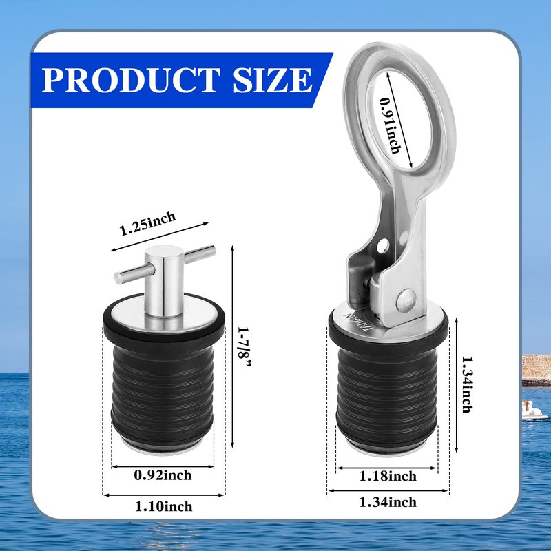Amyhill 2 Pack Boat Drain Plugs with T Handle and O Handle Snap Rubber Jon Boat Plug for Marine Twist Accessories(Stainless Steel,1 Inch)