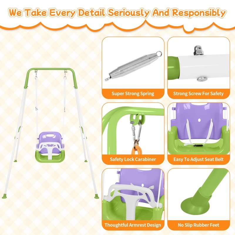 3-in-1 Toddler Swing, Foldable Indoor & Outdoor Baby Swing, Multifunctional Swings for Children 6 Months and Older, Easy to Assemble and Store for Backyard Play (Purple)