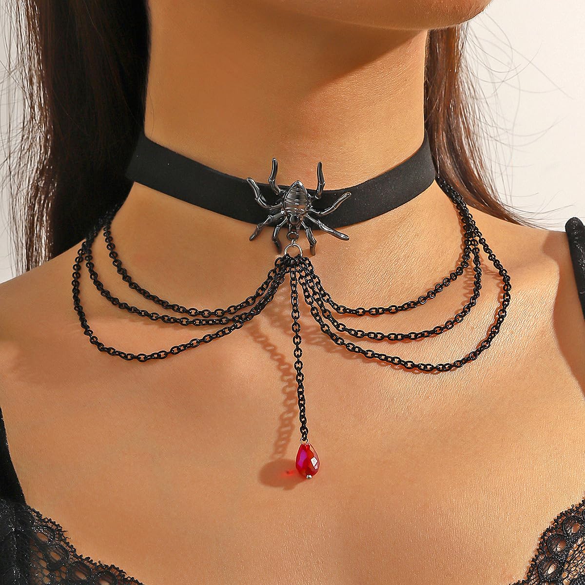 Spider Velvet Choker Gothic Necklace with Crystal Layers - Black Halloween Party Costume Jewelry Gift