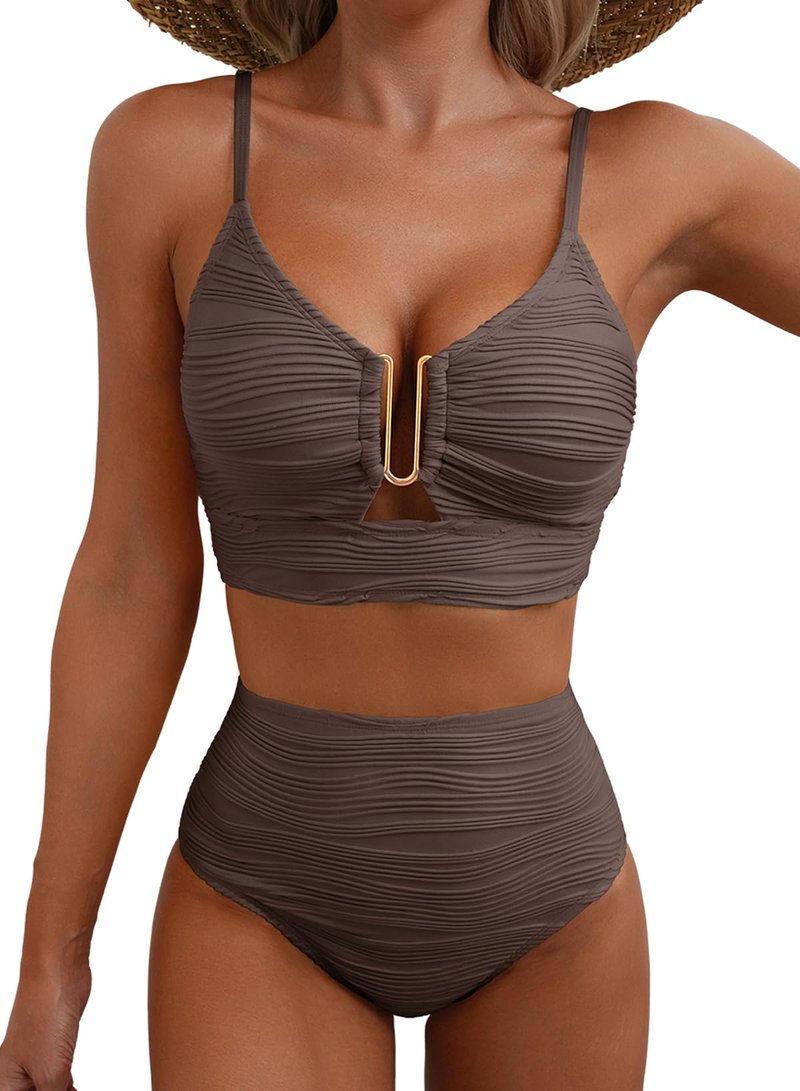 Herseas Women Swimsuits 2 Piece U-Wired Push up Ribbed Ruched High Rise Bikini Sets Longline Crisscross Back Bathing Suits Modest Solid Resort Wear Swim Suit Teen Girls Deep Brown Large