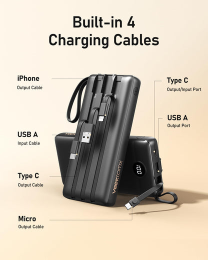 VEEKTOMX Portable Charger Built-in Cables,10000mAh Power Bank for iPhone,Fast Charge USB C Battery Pack Travel Essentials Powerbank Compatible with iPhone 17/16/15/14, Samsung S25/24, Android, etc