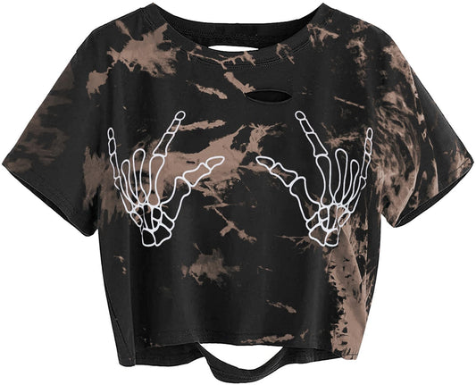Avanova Women Finger Graphic Print Skull Skeleton Casual T Shirt Tee Short Sleeve Tie Dye Crop Top Tie Dye Brown Medium