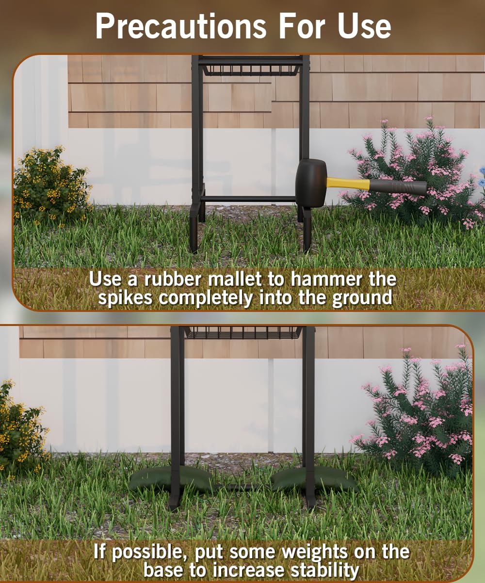 Garbuildman Ground Mount Garden Hose Reel Holds 125 Feet of 5/8-Inch with 3.9 ft Leader Hose, Brass Fitting, Water Hose Holder Stand with Storage Rack & 4 Spikes Base for Outdoor Lawn, Black