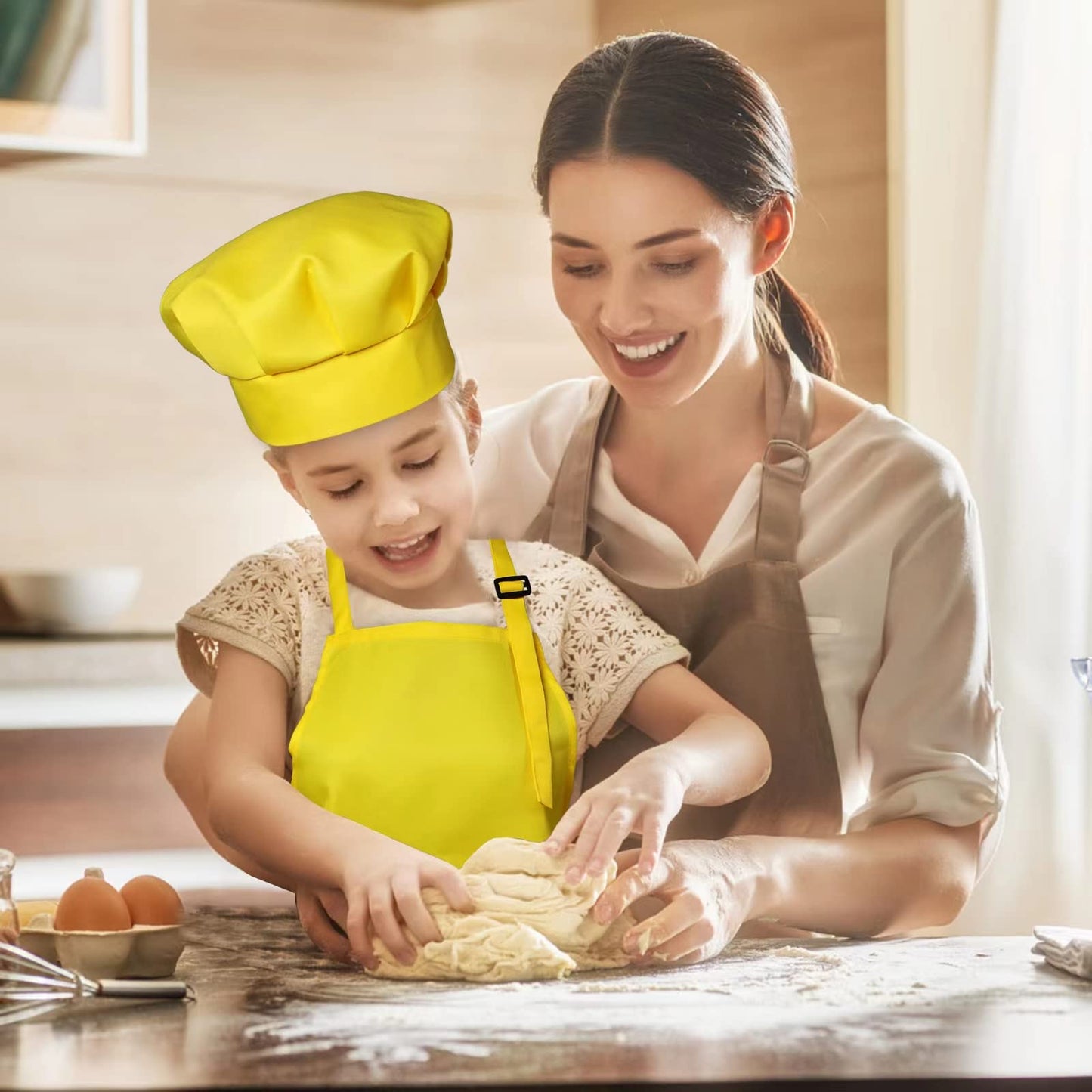 yarachel Kids Apron and Chef Hat Set - 8 Pieces Waterproof and Adjustable Child Aprons with Pockets Kitchen Bib Aprons for Boys and Girls Kitchen Cooking Baking Painting (Medium, Color 2)