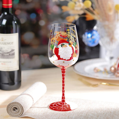 NymphFable Hand Painted Wine Glass 15oz Santa Claus Christmas Elk Deer Snowflake Xmas Christmas Gift for Family Friend（1 piece）