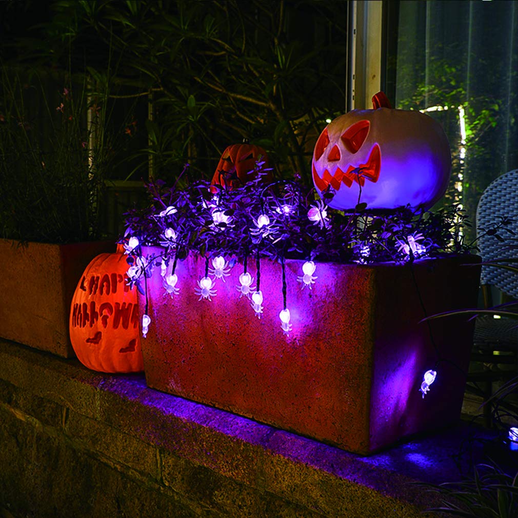 Qunlight Halloween Solar Lights, 2Pack 30 LED 20ft Purple Spider String Light with 8 Modes,Solar Power Waterproof Fairy Lights for Halloween Party,House,Garden,Yard Decoration Indoor Outdoor