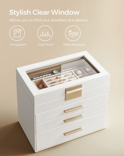 SONGMICS Jewellery Box with Glass Lid, 4-Layer Jewellery Storage Organiser with 3 Drawers, Plenty of Storage, Modern, Gift Idea, 15.3 x 25.1 x 21.5 cm, Cloud White and Gold Colour JBC161W01