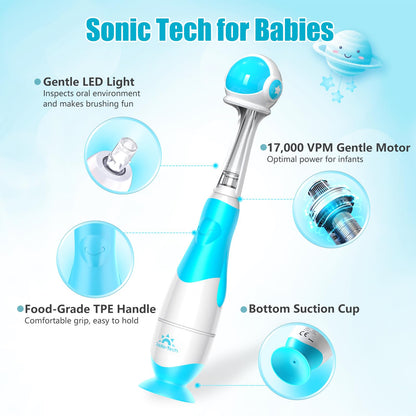 Baby Toothbrush Electric Toddler & Kids Electric Toothbrush 0-2-3 Years Old with Infant Finger Tooth Brush, Cute Cover, LED Light, 2 Minutes Timer, 4 Brush Heads, Suction Cup (Blue Astronaut)