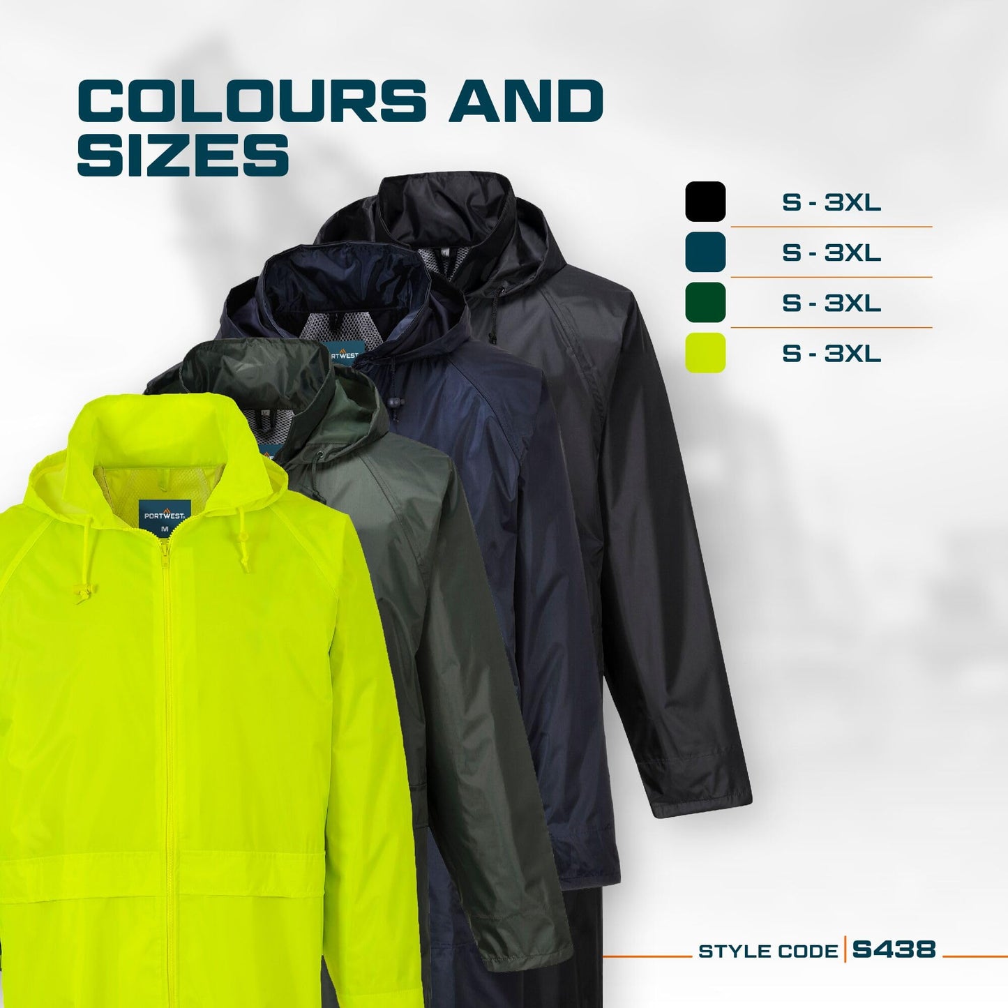 Portwest S438 Classic Waterproof Long Rain Coat with Hood - Lightweight Breathable Hiking Outdoor Mac Jacket, Navy, XL