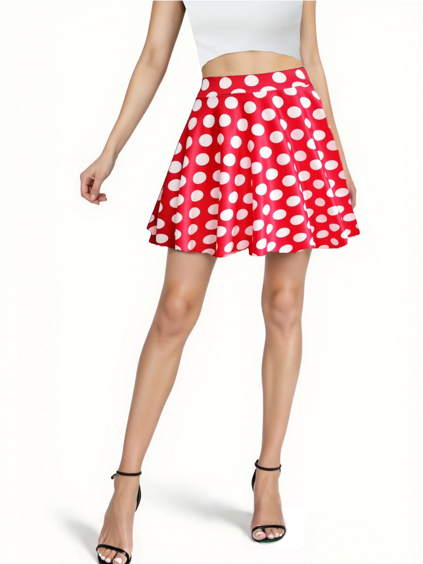 PUKAVT Women's Basic Casual Skirts A-Line Mini Flared Stretchy Skater Party Skirt Red White Dot Medium