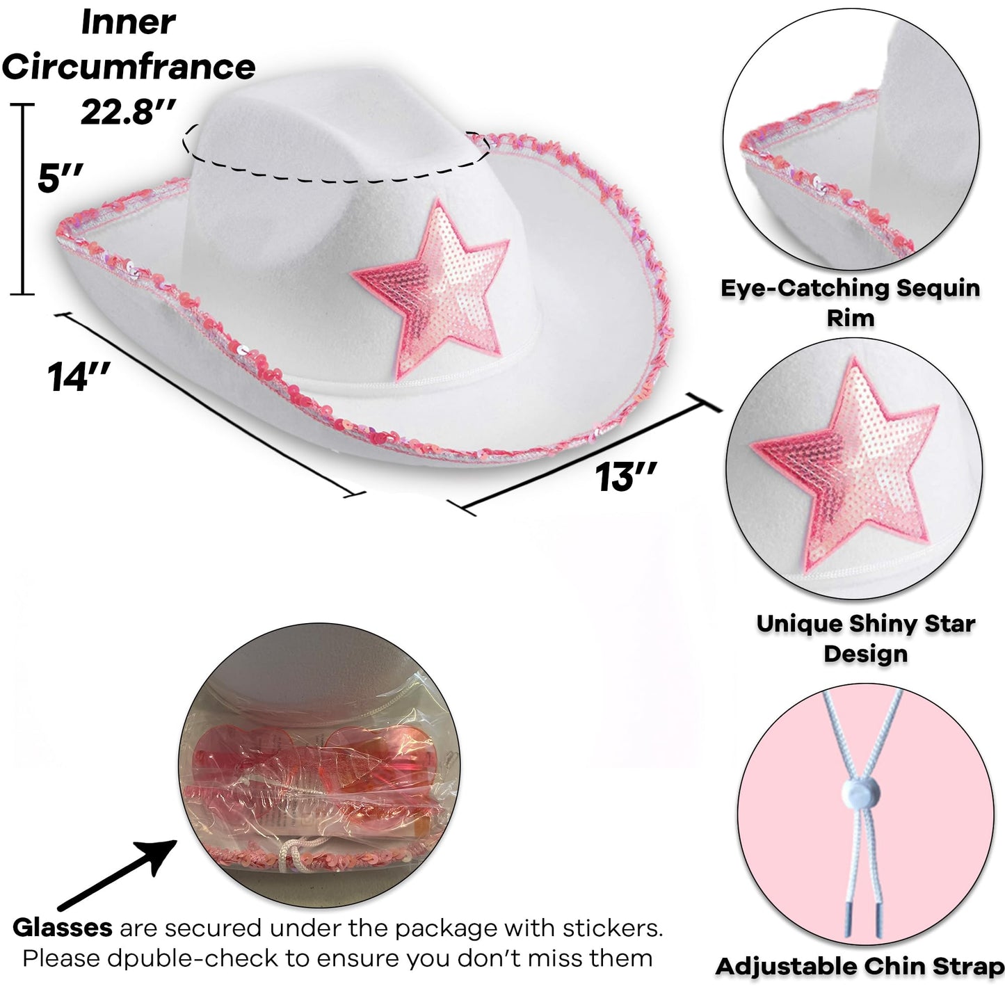 Funcredible White Cowboy Hat and Glasses - Preppy Cowgirl Hat with Star - Sparkly Cowboy Hats - Cowgirl Outfit Accessories for Women and Girls