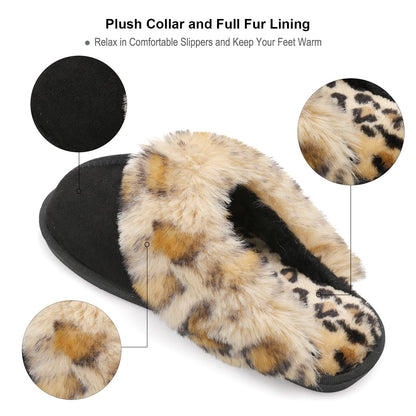 Besroad Fuzzy Fluffy House Slippers for Women Cozy Winter Warm Plush Furry Slides Shoes Black Leopard11.5-12.5