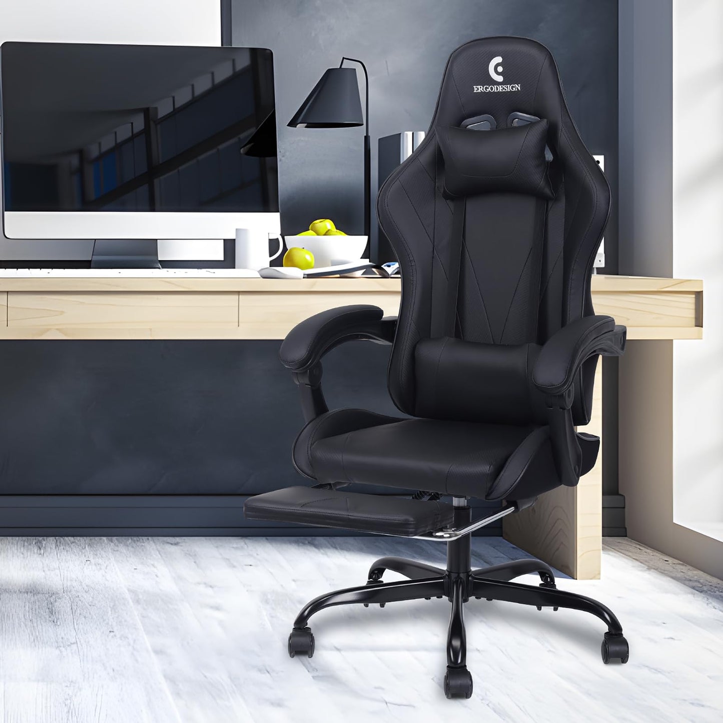 ErgoDesign Gaming Chair with Linkage Armrest & Footrest, High Back Video Gaming Chair, Black