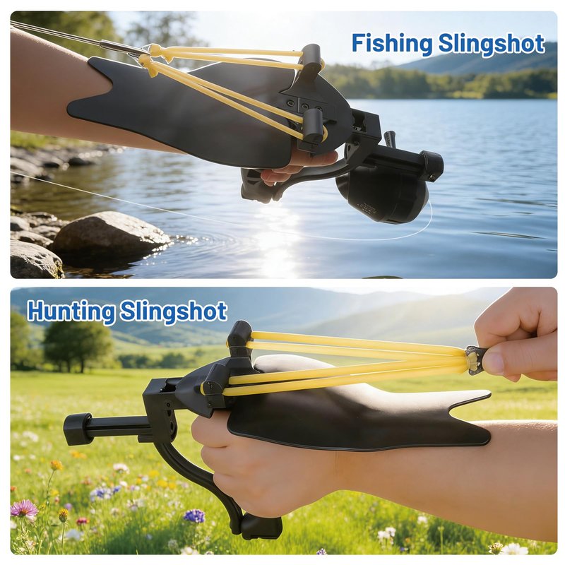 HANDBAIGE Outdoor Hunting Fishing Slingshot Archery Arrow Shooting Ammo Balls Multifunction Catapult Slingshot with Fishing Reel, Arrow Brush,Rubber Bands Fish Kit