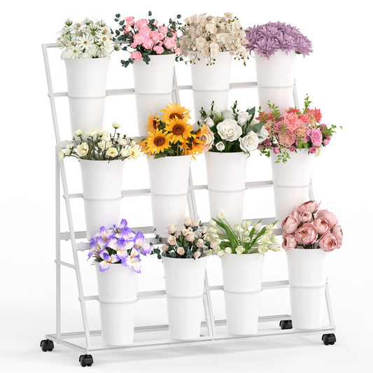 Invech Flower Display Stand with 12 Buckets and Wheels, 3 Tier Flower Cart Display Stand for Indoor Outdoor Garden, Wedding, Flower Shop (White)