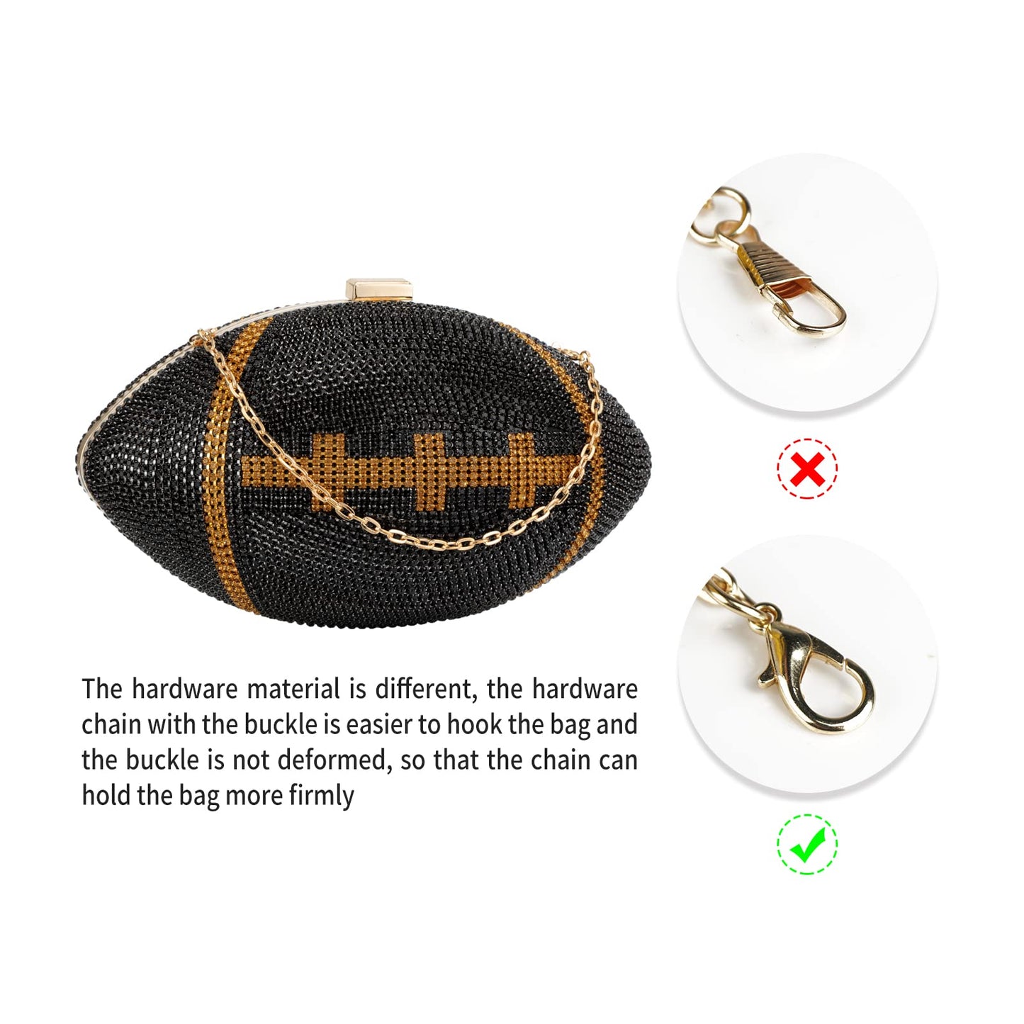 Gripit Bling Rhinestone Football Shaped Rugby Quirky Bag Purse Novlety Chain Purse Shoulder Handbag with Crystal for Women Girls,Black