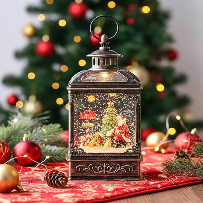 Christmas Snow Globe Lantern Water Glittering Santa Claus & Pups with Music & Timer, USB Lined/Battery Operated Lighted Lantern for Christmas Festival Decoration Gifts