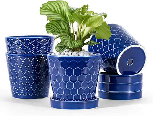 BUYMAX Ceramic Plant Pots –5 inch Indoor Flower Pot with Drainage Hole and Ceramic Tray - Gardening Home Desktop Office Windowsill Decoration Gift, Set of 4-Plants NOT Included(Blue)