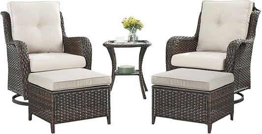 Rilyson Wicker Patio Furniture Set - 5 Piece Rattan Outdoor Sectional Conversation Sets with 2 Swivel Rocking Chairs,2 Ottomans and 1 Side Table for Porch Deck Garden(Brown/Beige)
