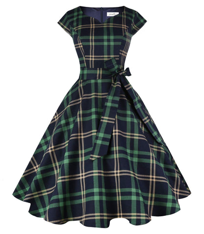 Kingfancy Women Vintage 1950s Dress Retro Cocktail Party Swing Dresses with Cap Sleeves Green Plaid M