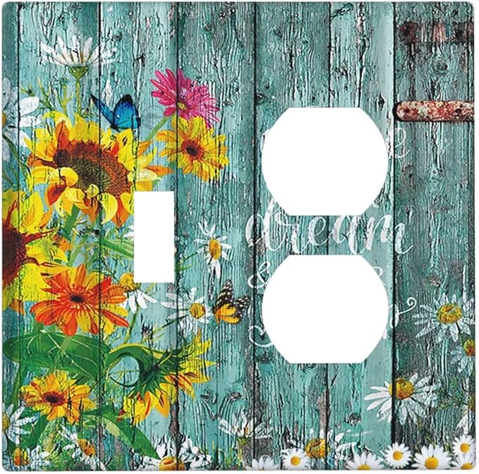 Decorative Light Switch Cover Plate Rustic Vintage Wood Planks Sunflower Butterfly 2 Gang Outlet Covers 1 Toggle 1 Duplex Wall Plate Decorate Electrical Switch Plate Covers for Bathroom Home Decor