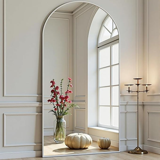 Full Length Mirror, 71"x30" Arched-Top Floor Mirrors, Modern Full Body Mirrors with Stand, Wall Mirror with Aluminum Alloy Frame for Bedroom,Living Room, White