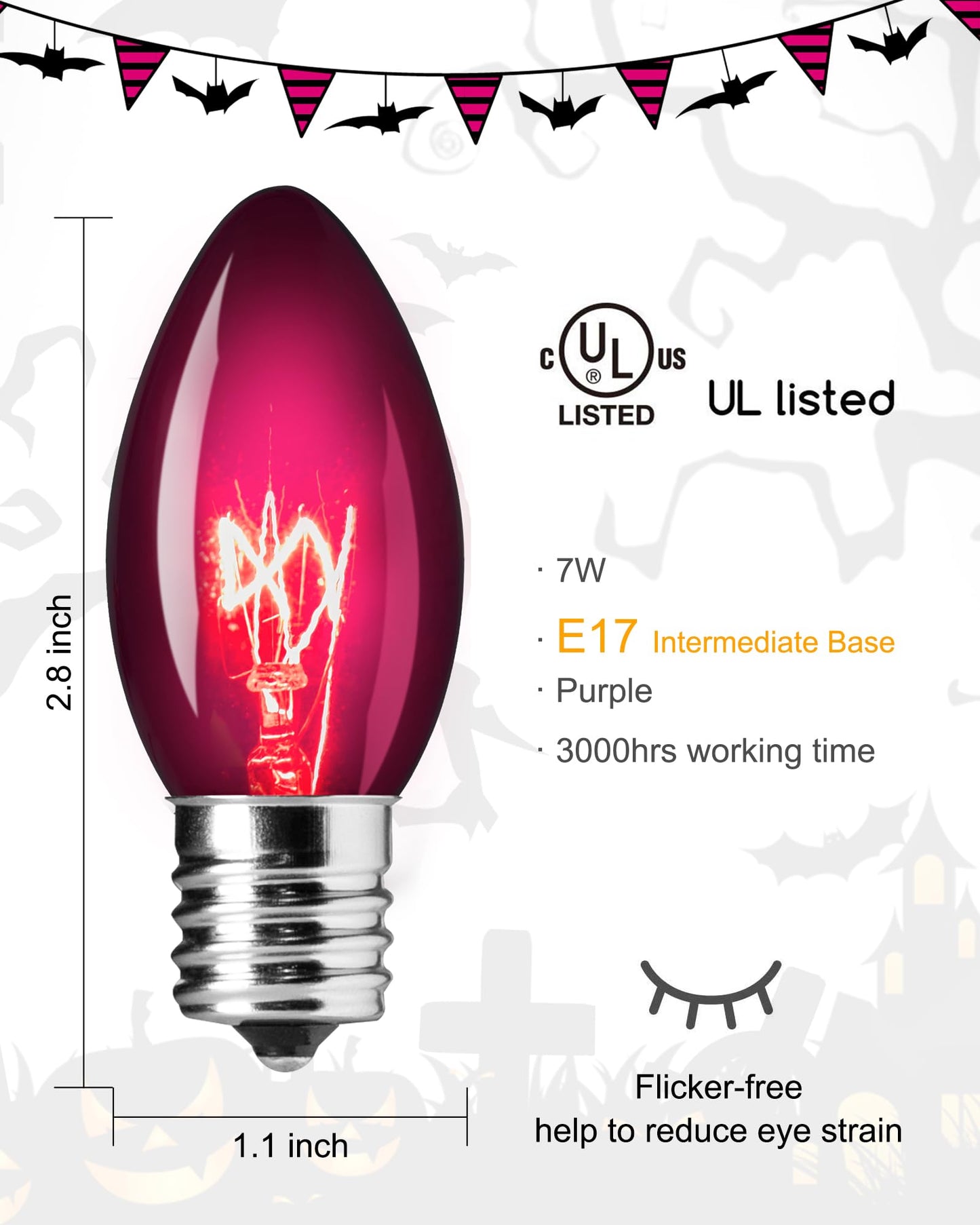 Brightown 25 Pack C9 Purple Replacement Bulb for Halloween Holiday Decorations String Light, E17 Intermediate Base, 7 Watt